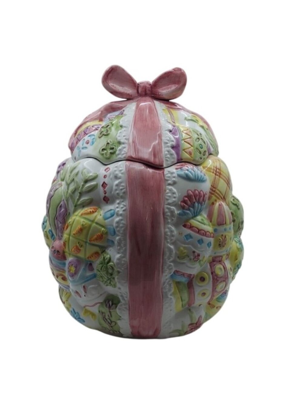 Easter Egg Ceramic Cookie Jar PBC International Pastel Multicolor 3D Cottagecore